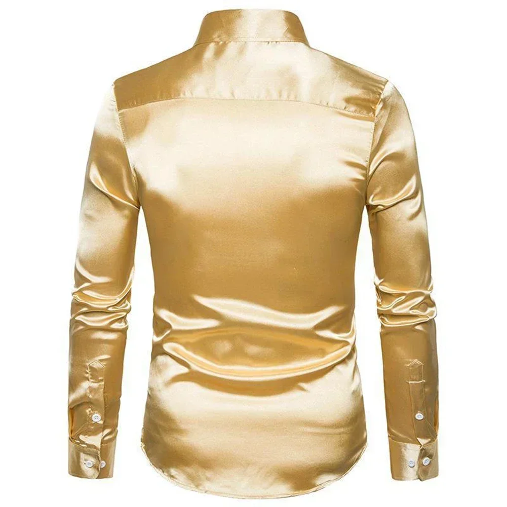 Men Shirt Silk Satin Luxury Smooth Mens Solid Tuxedo Business Shirts Men Casual Slim Fit Blouse Shiny Gold Wedding Dress Shirts