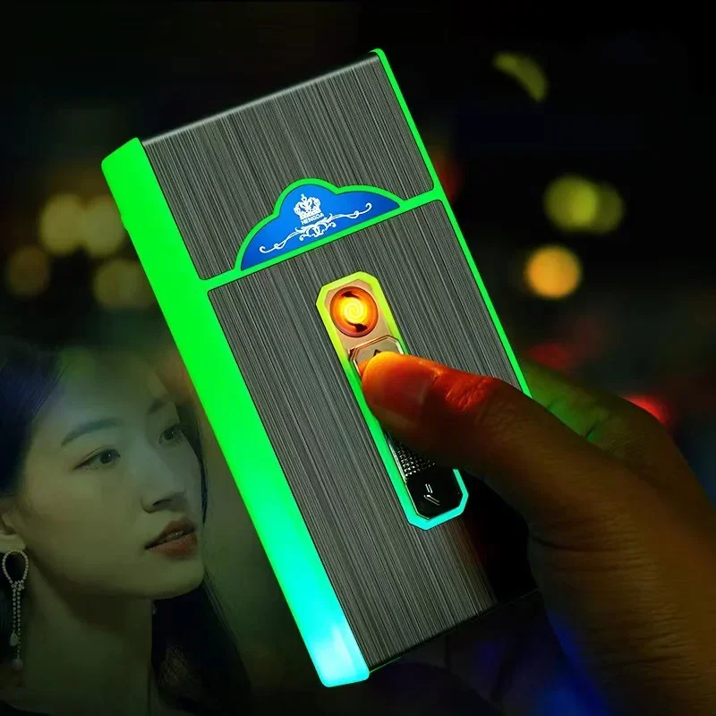 Luminous Lady Cigarette Case With USB Lighter Can Hold 20pcs 100mm Cigarette 2-in-1 Waterproof Rechargeable Cigarette Box Holder