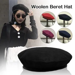 Womens Mens Beret Cap Hat British Style Painter Hat Winter Woolen Berets PU Leather Trimmed Beret