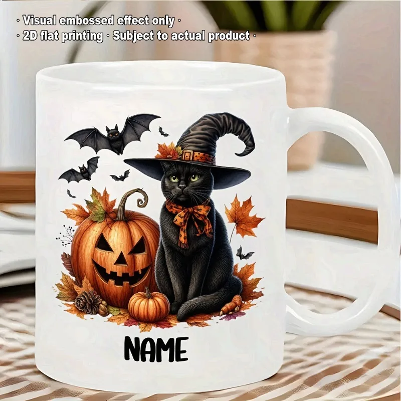 Personalized Halloween Themed Ceramic Mug Custom Name 11oz Coffee Cup Featuring Black Cat and Jack O Lantern Design