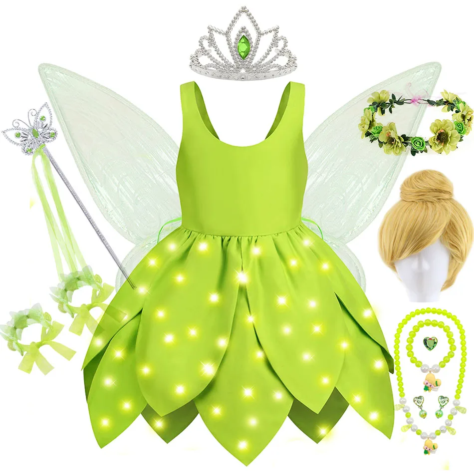 Baby Girl Tinker Bell Fairy Dress Child Green Leaf Modeling Forest Elf Cosplay Costume Toddler Cosplay Halloween Carnival Outfit