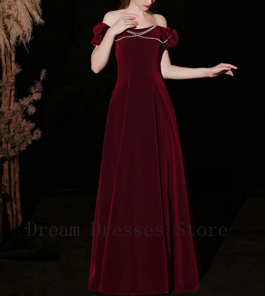 

Customized Chinese Style Velour Criss-Cross Draped Pearl A-line Off-the-shoulder Long Dresses Bespoke Occasion Dresses Matching