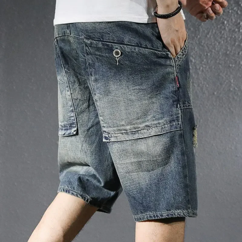 Man Denim Shorts Half Bermuda Long Loose Cargo Short Jeans Pants for Men Baggy Wide Korean Fashion Thin Sale Blue Xxxl New in Xl