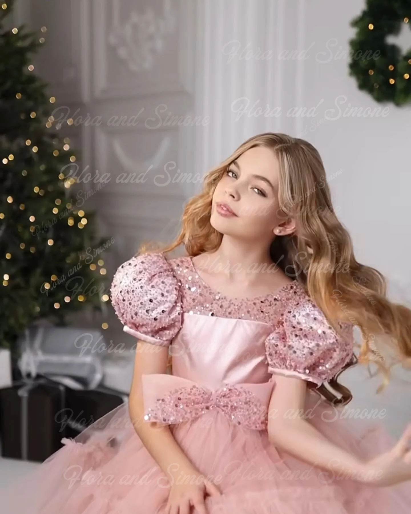 Minifalda de gasa con lentejuelas y lazo para niña, vestido de flores de manga corta para actuaciones de baile, fiestas, regalos de fiesta de cumpleaños