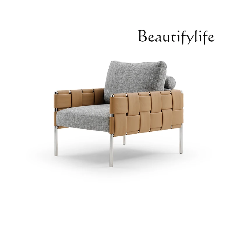 

Living room sofa design stainless steel armrest single sofa chair leather woven straight row sofa