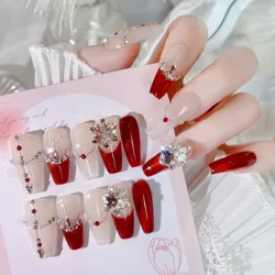 10pcs Handmade Large Crystal Decor Press on Nails Red French Bride Wearable False Nail Patches Glitter Rhinestone Fake Nail Tips