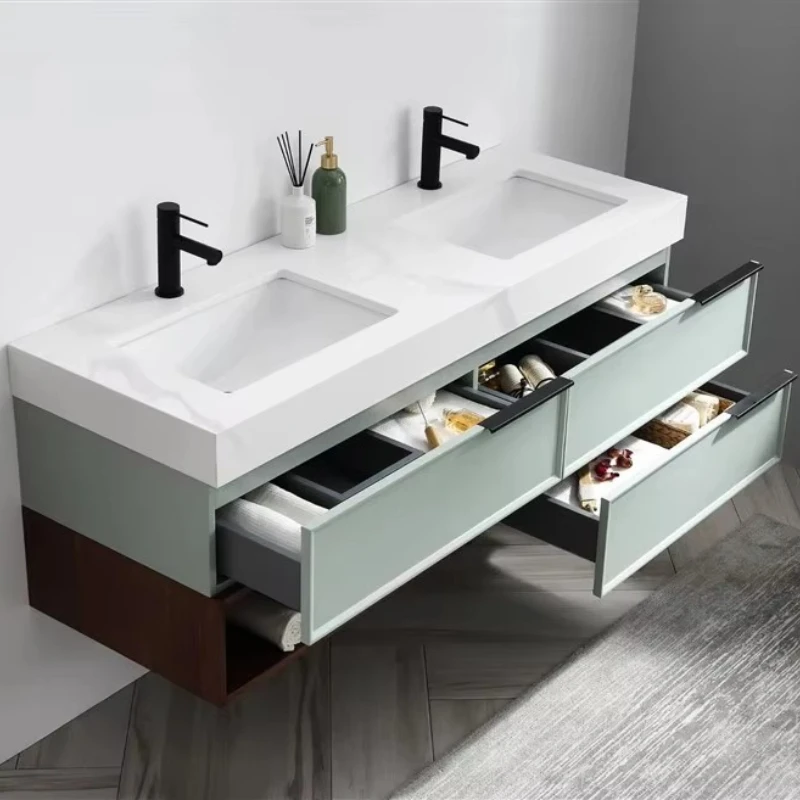 

Modern luxury green bathroom vanity with double sink waterproof ceramic basin for apartment