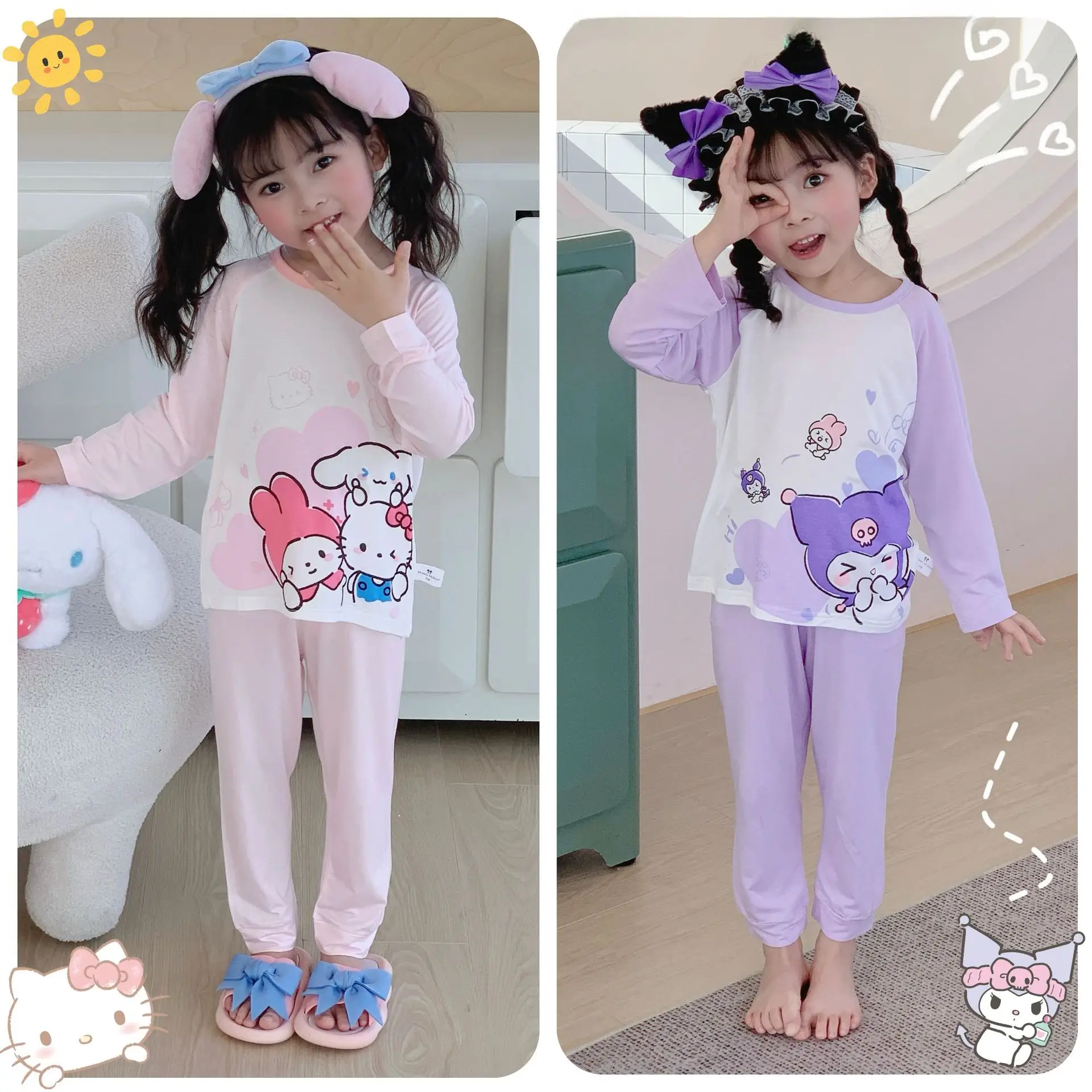 

Miniso Sanrio Kids Long Sleeve Sleepwear Hellokitty Cinnamoroll Clothing Set Anime Melody Kuromi 2Pcs Girl Four Seasons Set Suit