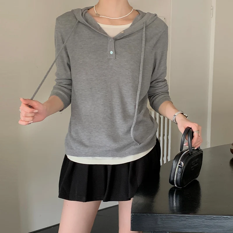 Damska bluza z kapturem z wełny owczej na wiosnę i jesień, nowa, w paski, z długim rękawem, zapinana na pół guzika, luźna, codzienna, elastyczna bluza/top.