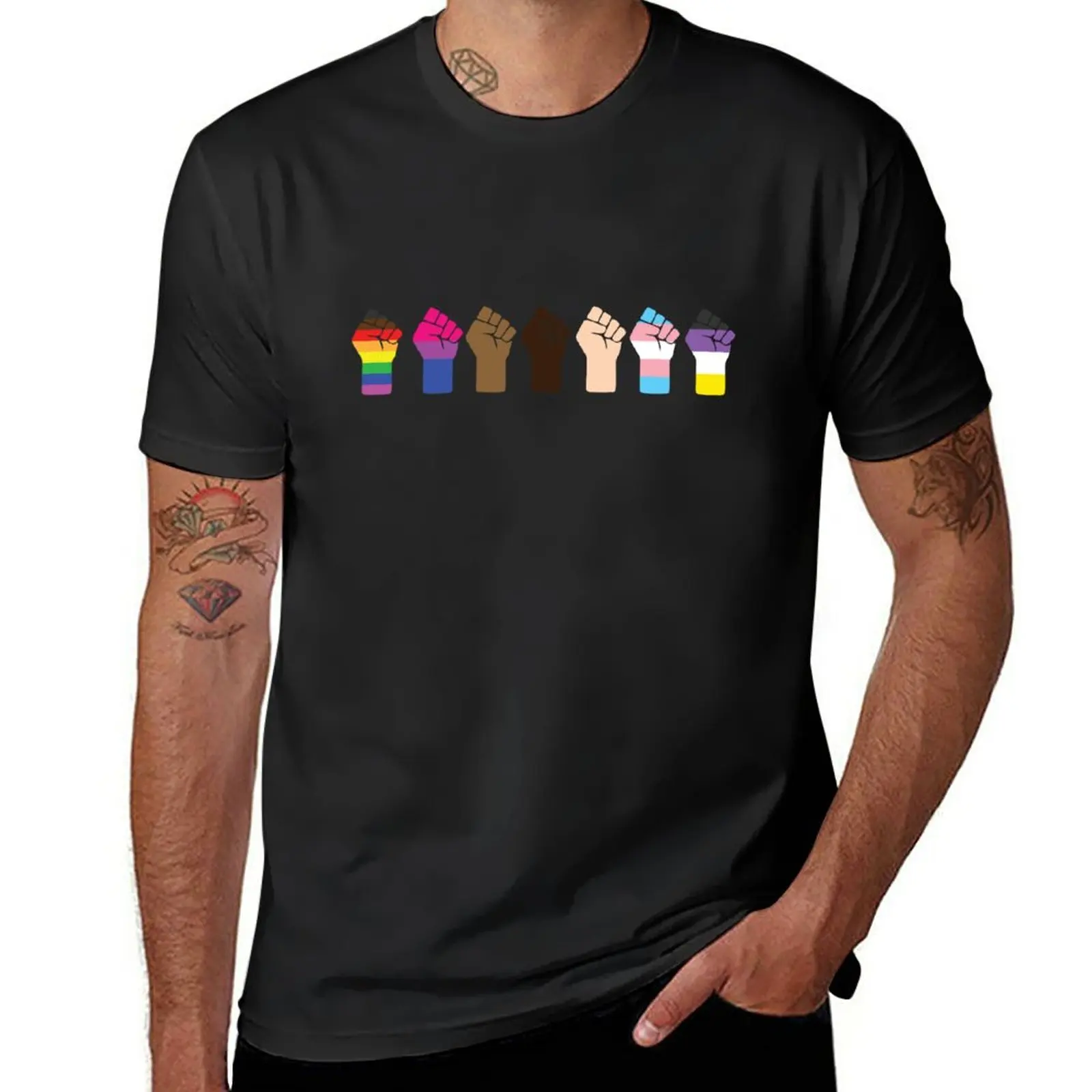 

New Intersectional Pride Fists LGBTQ + Black Lives Matter T-Shirt graphics t shirt Anime t-shirt funny t shirts for men