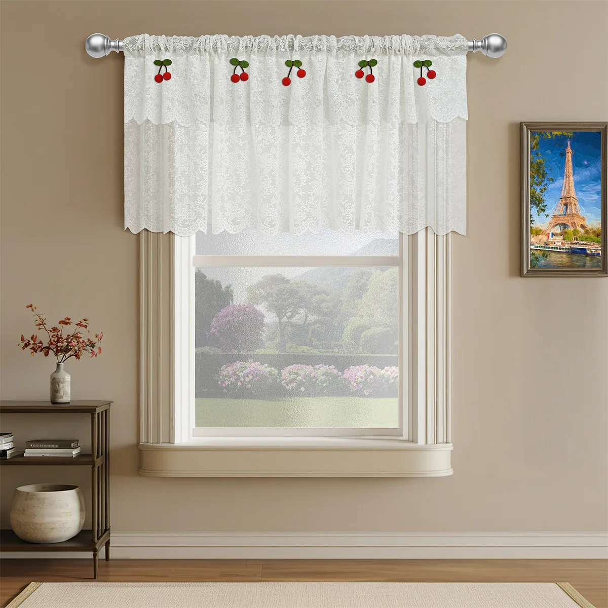 Window Valance Floral French Lace White Short Kitchen Curtain with 5pc Cherry Pin Coffee Partition Valances 200x45cm Rod Pocket