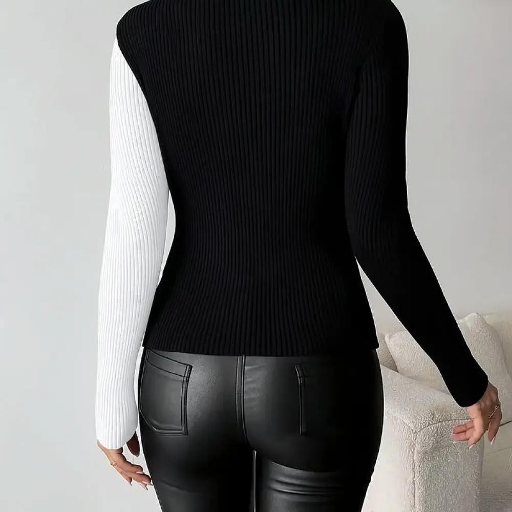 Spring Women Long Sleeve V Neck Tee Slim Fit Fashion Top Casual Contrast Color Pullover Soft Comfortable Daily Wear