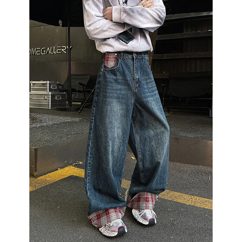 

Retro American Plaid Splicing Cuffed Denim Pants ex Cleanfit Knife Flared Loose Wide Leg Jeans Youth Trendy Wear Resistant