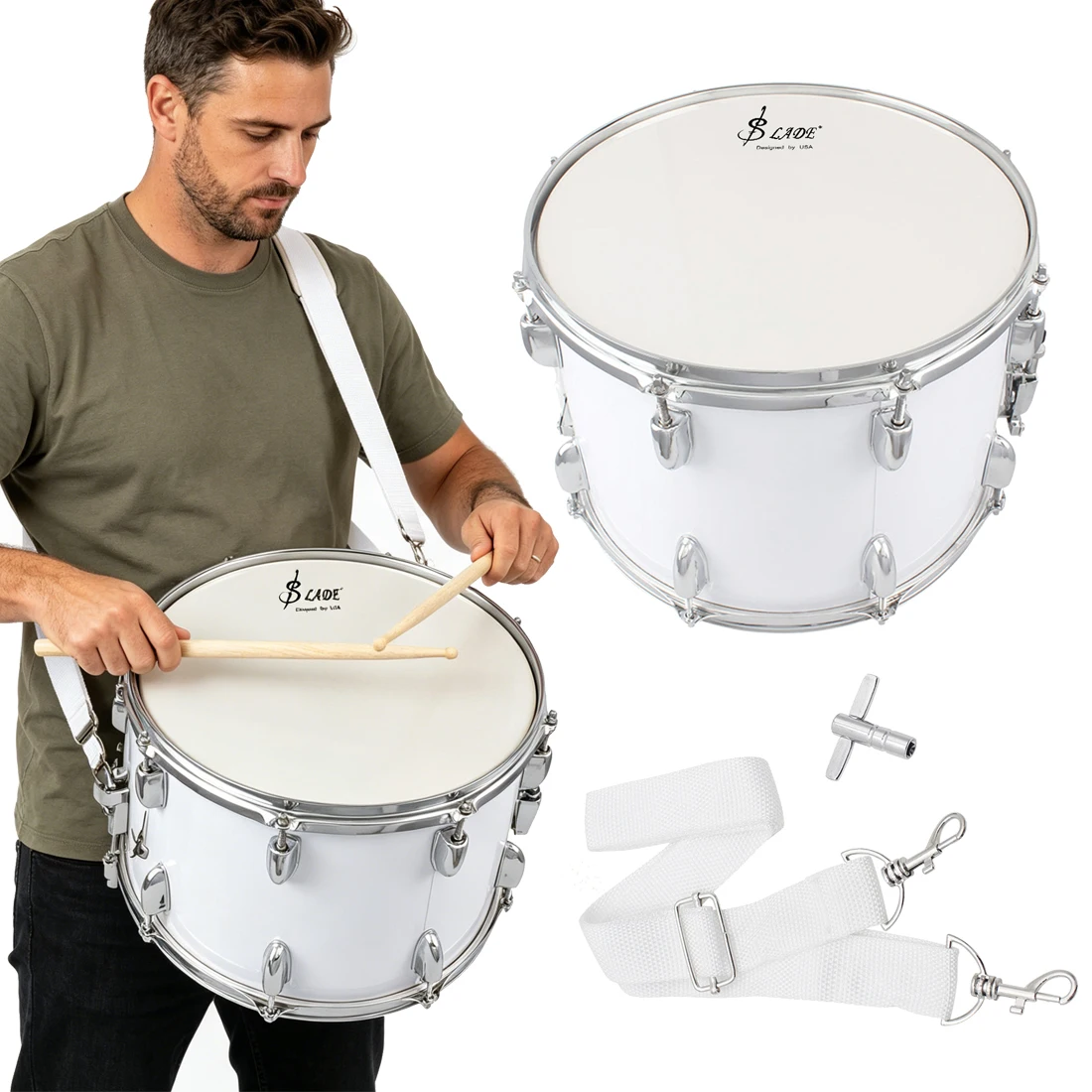 14 Inch White Professional Marching Snare Drum With Drumsticks Custom For Honor Guard Marching Band Parade