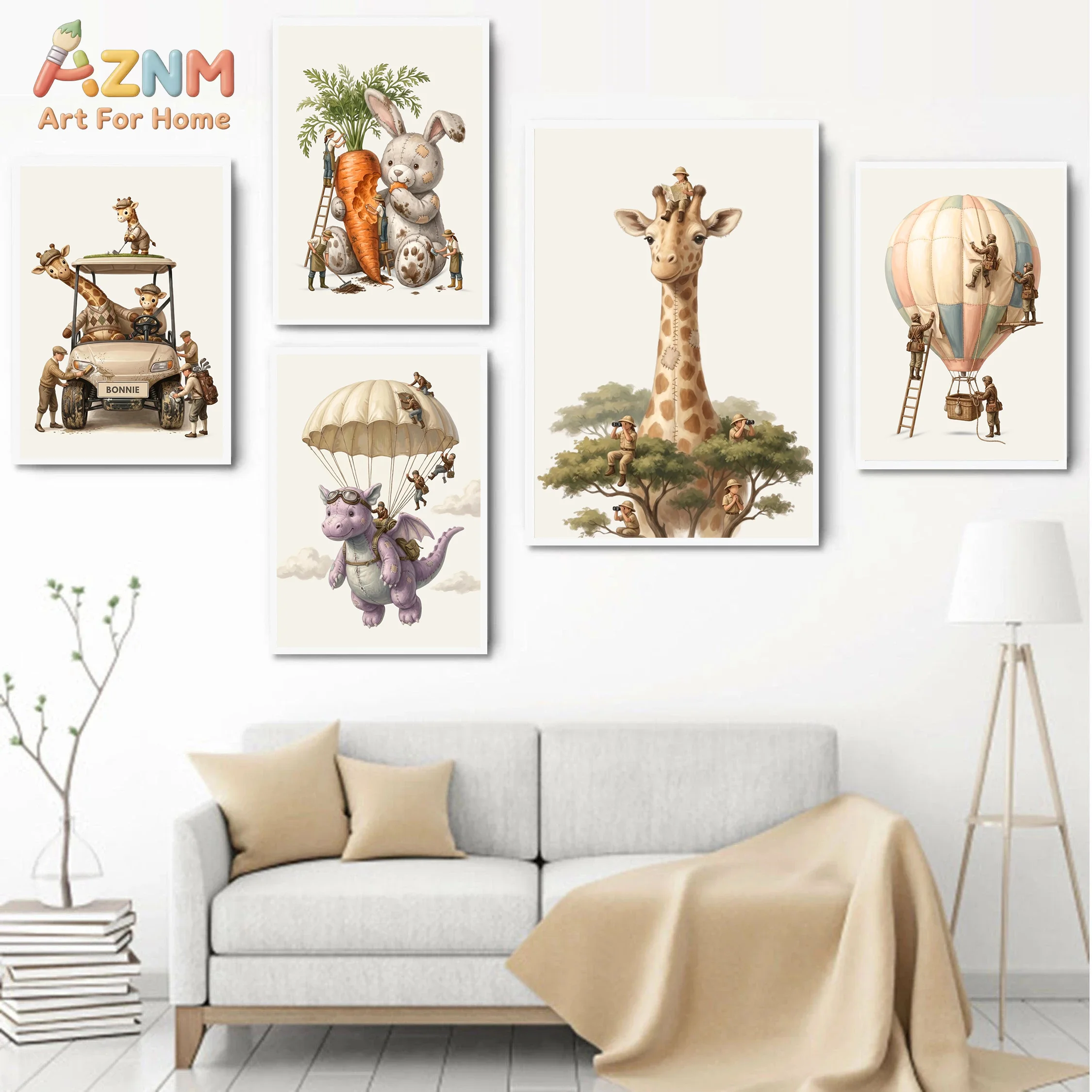 AZNM Cute Mini Worker Giant Animal Canvas Print Unicorn Elephant Penguin Monkey Train Giraffe Cartoon Vintage Wall Poster Unfram