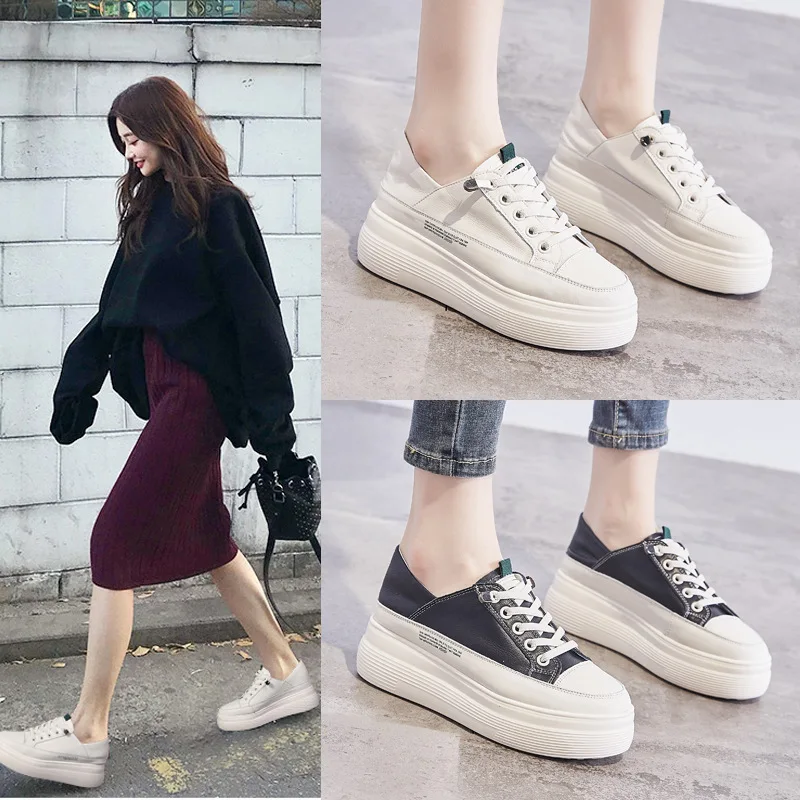 

2026 New Women's Thick Sole White Sneakers Simple Flat Round Toe Low Shoes All Season Casual Loafers for Petite Women