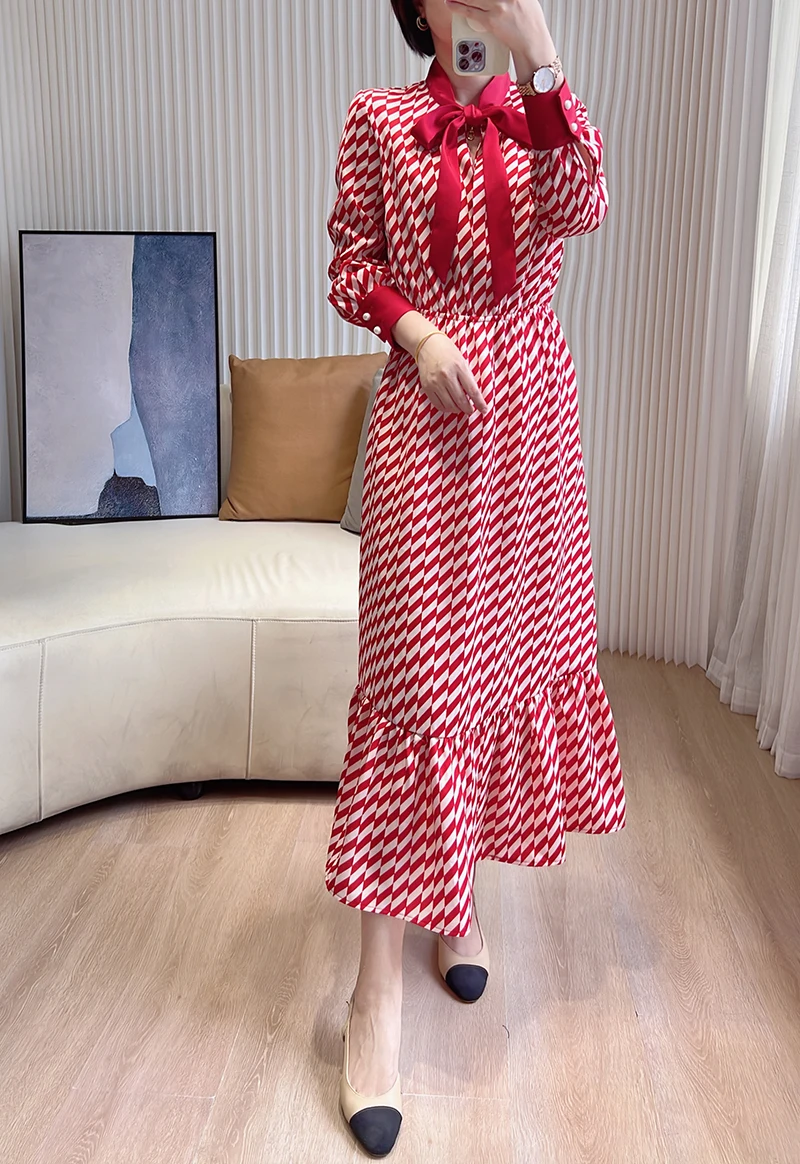 

New Spring Red/White Geometric Printed Ribbons Midi Shirt Dress UK 6-UK 16