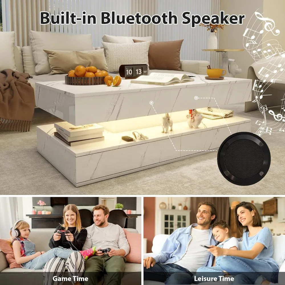 High Glossy LED Coffee Table with Wireless Charging and Speaker, Modern With 2 Sliding Drawers, Double-Layer Center Tables Light