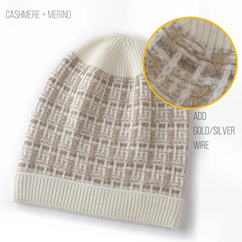 Cashmere Gold Silver Wire Thick Beanies Ribbed Hem Soft Knitted Black Cap Hat Autumn Winter Warm Merino Wool Caps