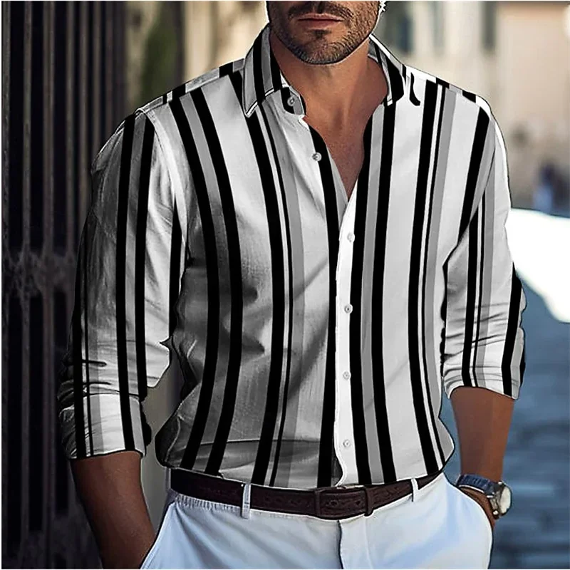 2024 Striped Comfortable Fashion Casual Men\'s Shirt Button Shirt Vacation Daily Spring Autumn Lapel Long Sleeve Blue Shirt 6XL