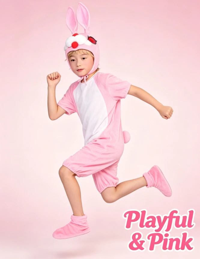 Kids White Pink Cute Rabbit Animal Onesie Cotton Outfit for School Stage Performance Halloween Party Role Play Holiday Dress Up