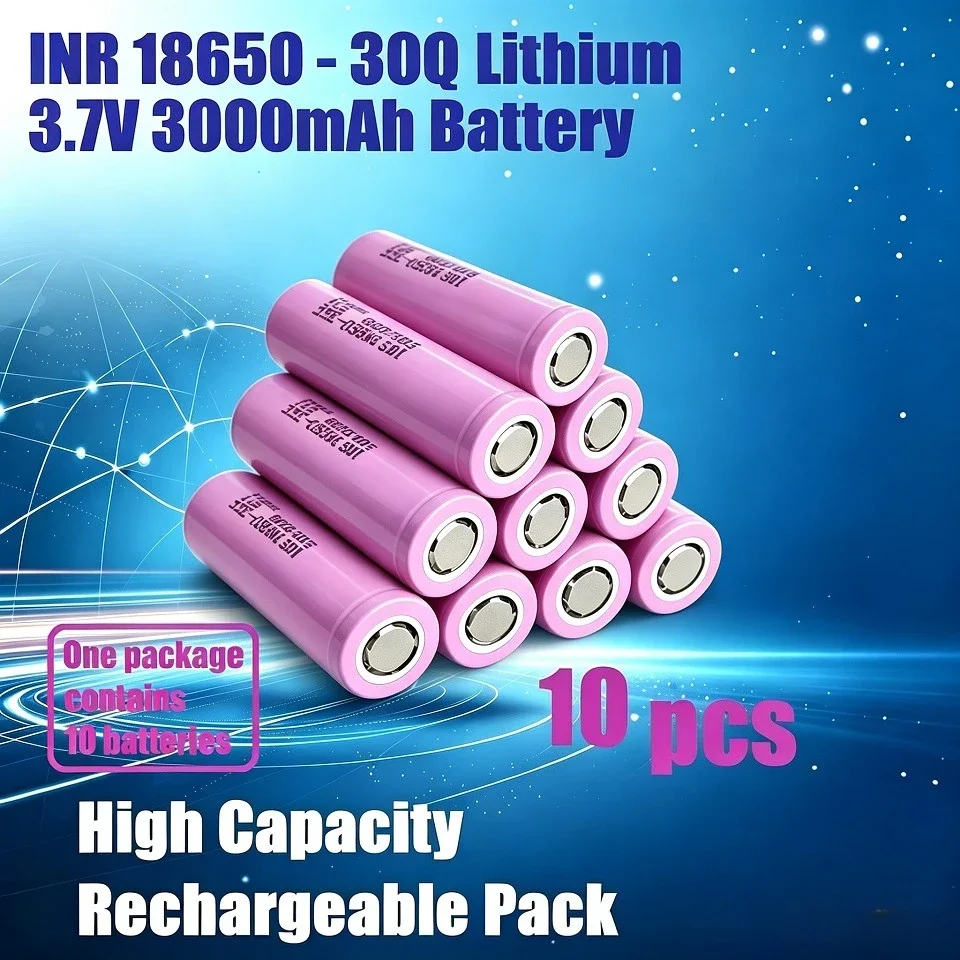 Image of Neuer INR18650-30Q 3000mAh 3,7V Lithium-Ionen-Akku, eine Packung enthält 10 Batterien, verwendet für Elektrowerkzeuge, Taschenlampen und Elektrofahrräder, mit stabiler Leistung und wiederverwendbaren