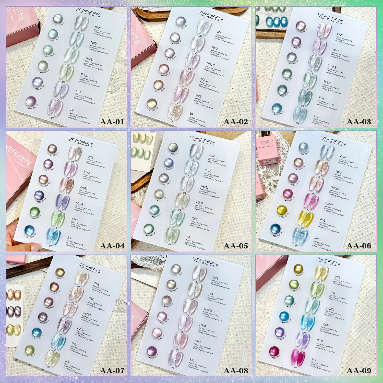 

Vendeeni 6 Colors Magnetic Cat Eye Nail Gel Polish Set Pink UV LED Soak Off Gel Varnish Crystal Cat Eye Gel Lacquer With Display