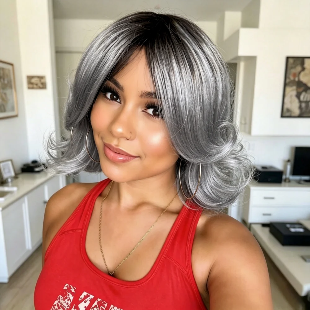 Ombre Gray Layer Bob Wig Full Machine Made Human Hair, 12inch Silver Salt Pepper Flip End Human Hair Bob with Curtain Bangs