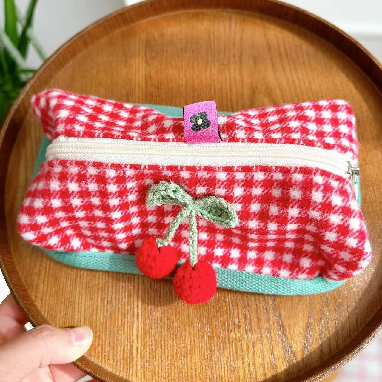 Cherry Pencil Case Cute Plush Storage Bag Large Capacity Makeup Pouch Portable Cosmetic Clutch Stationery Bag Travel Outdoor