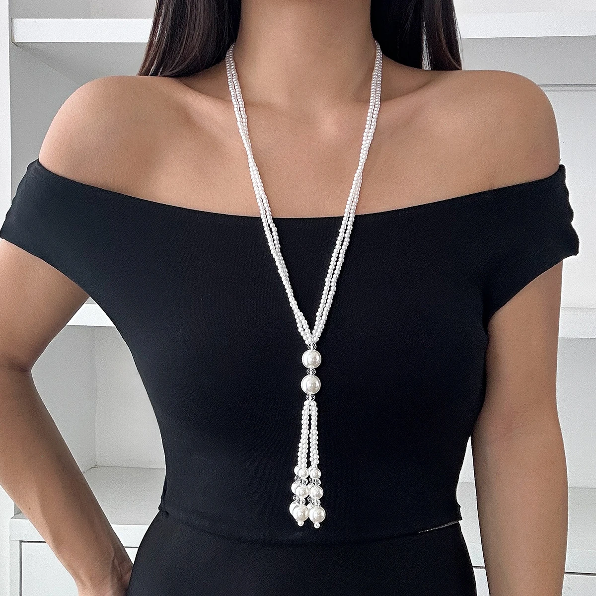 Kunjoe elegante imitação de pérola longa borla colar para mulheres novas contas de semente gargantilha ajustável camisola colar corrente pescoço jóias