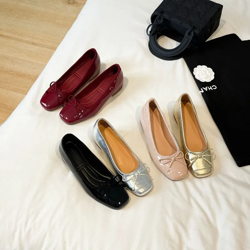 Women's Shoes Temperament Square Head Shallow Mouth Single Shoes 5cm Internal Height Increasing Small Leather Shoes Ballet Flats