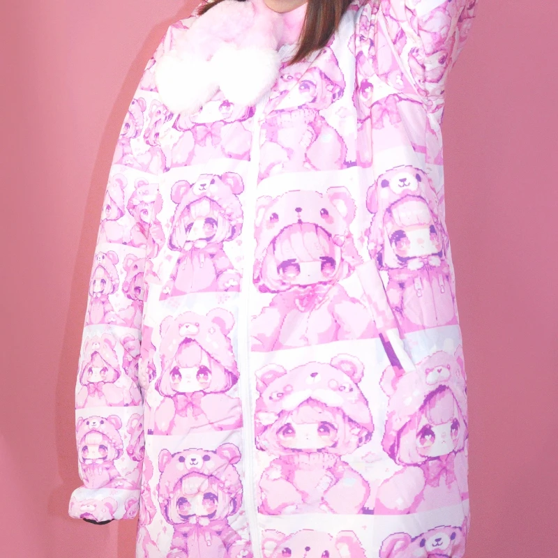 Original Design Cartoon Anime Print Stand Collar Women's Cotton Jacket Winter New Loose Down Coat Cute Thickened Coats Ladies