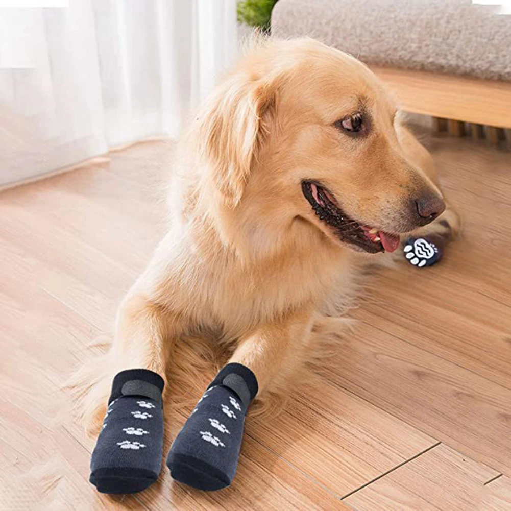 Anti-Slip Dog Socks 4pcs Paw Protector Traction Control Adjustable Indoor Wear Knitted Pet Socks with Rubber Reinforcement