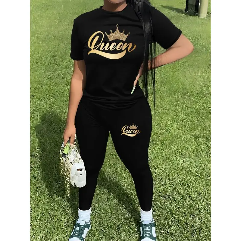Summer Printed Letter Retro Women Short Pants Ladies Chic Solid T-shirt Pullovers Aesthetic 2 Piece Oversized Outfits