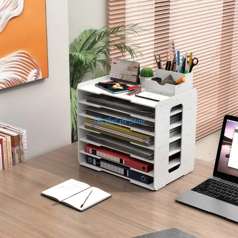 E65E Desktop PVC Document Organiser Rack with Pen Cup For Offices Organization