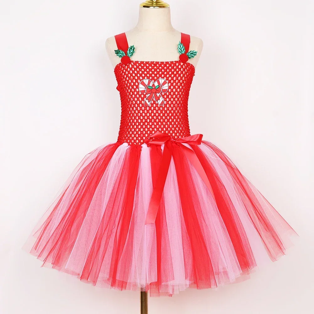 Girls Christmas Dress Red White Christmas Party Candy Cane Costume Kids Toddler Holiday Xmas Party Tulle Tutu Dresses Clothes