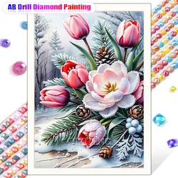 New AB Diamond Painting Winter Flowers Snow Scene Diamond Mosaic Embroidery Cross Stitch DIY Landscape Home Decoration Gift