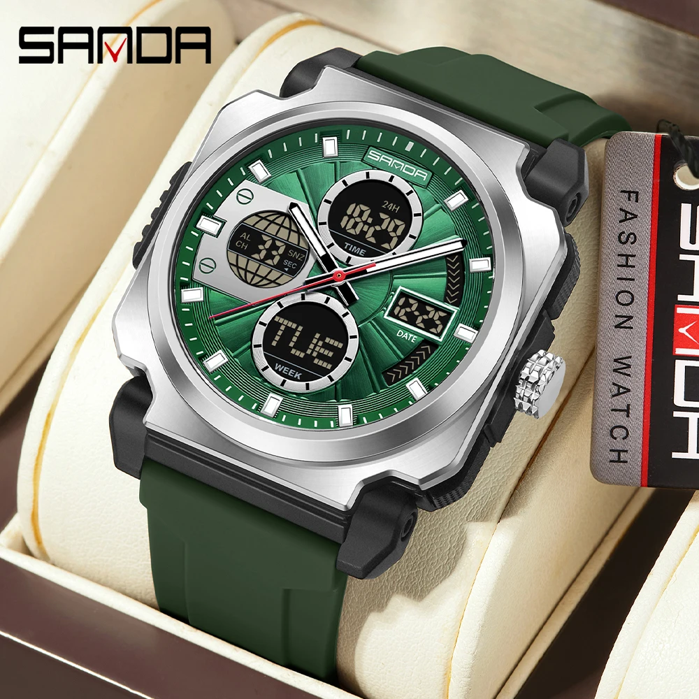 SANDA 3377 Fashion Men's Electronic Watch Sport Multi functional Waterproof Night Light Dual Display Men's Electronic Watch