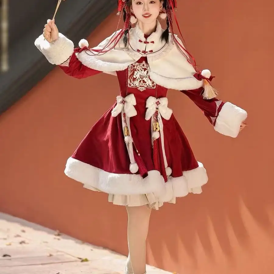 2026 neues Winter-Set im verdickten Mantel-Stil, niedliches Kit-Design, bezauberndes süßes Lolita-Neujahrskleid-Set für Damen