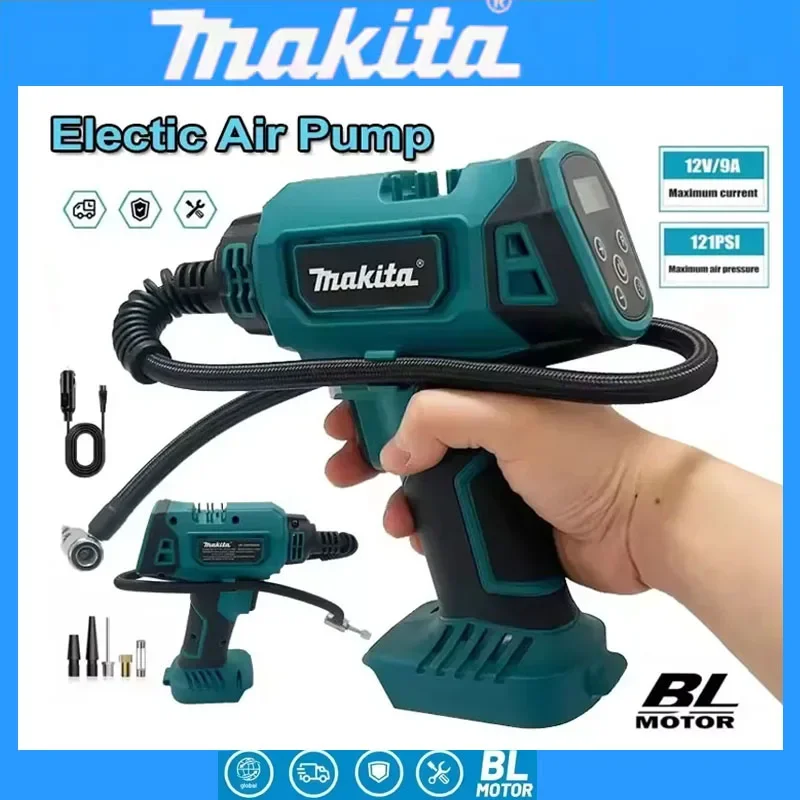 

Беспроводной электрический воздушный насос Makita, перезаряжаемый автоматический насос для накачки автомобильных шин, портативный инструмент для дома, работает от аккумулятора 18В.