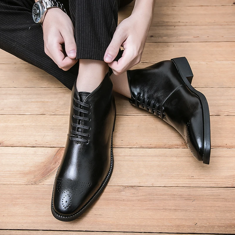 Men Perforated Detail Lace-up Front Dress Boots Business Office Dress Shoes