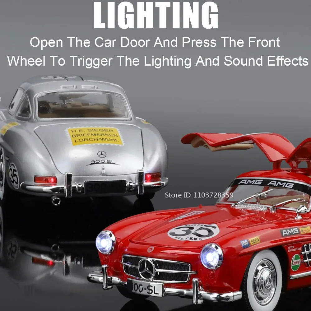 1:24 in miniatura 300SL modello di auto d'epoca giocattoli pressofusi in lega suono luce porte aperte tirare indietro assorbimento degli urti ornamenti modelli