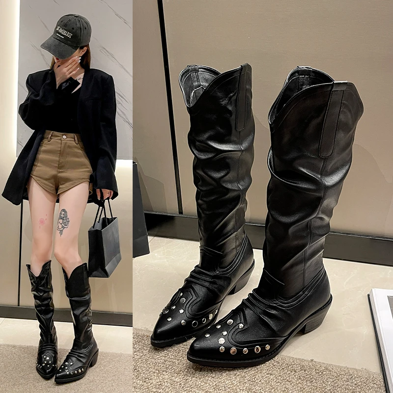 2023 Woman Knee High Leather Boots Black Chunky Heels Studded Western Low Heel Designer Shoes Elegant Sexy New Rock Goth