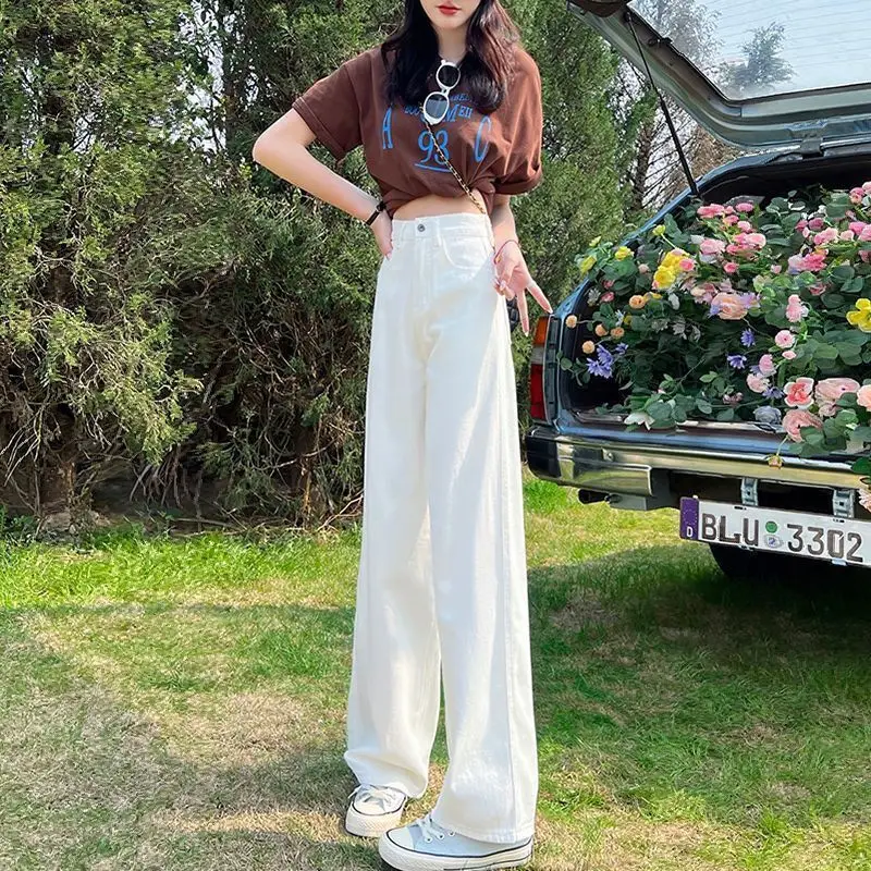 กางเกงยีนส์ขาบานเอวสูงไซส์ใหญ่สำหรับผู้หญิง สีขาว ทรงตรงทันสมัย หลวม ผ้าพลิ้ว ยาวกรอมเท้า ผ้าฝ้ายผสมสแปนเด็กซ์ สำหรับฤดูใบไม้ร่วง