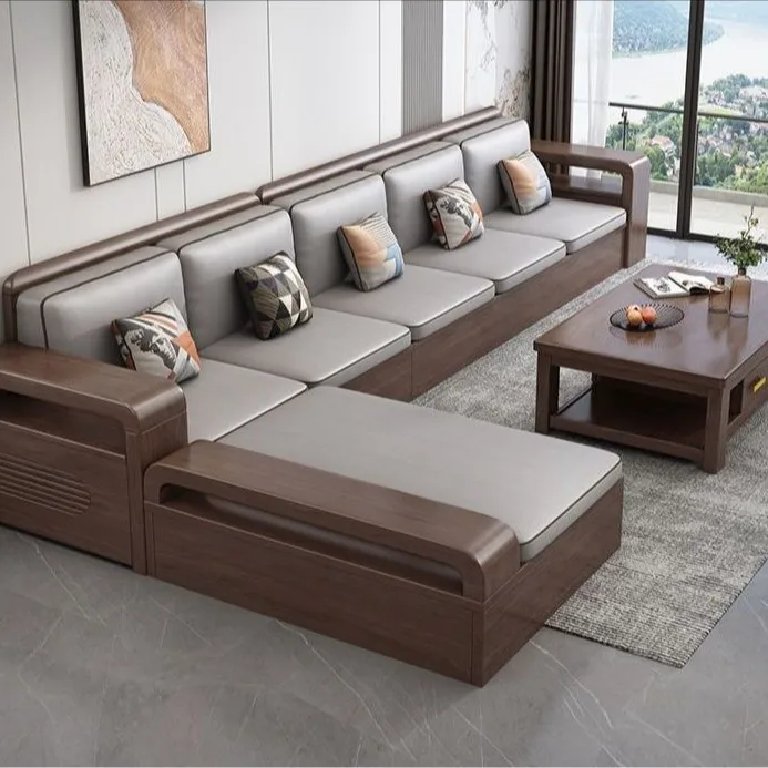 Solid wood sofa combination winter and summer high-end living room walnut storage furniture