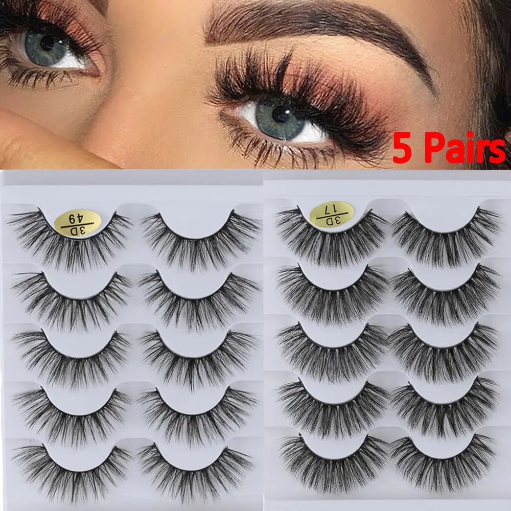 SKONHED 5 Pairs 3D Faux Mink Hair False Eyelashes Wispies Fluffies Drama Eyelashes Natural Long Handmade Cruelty-free