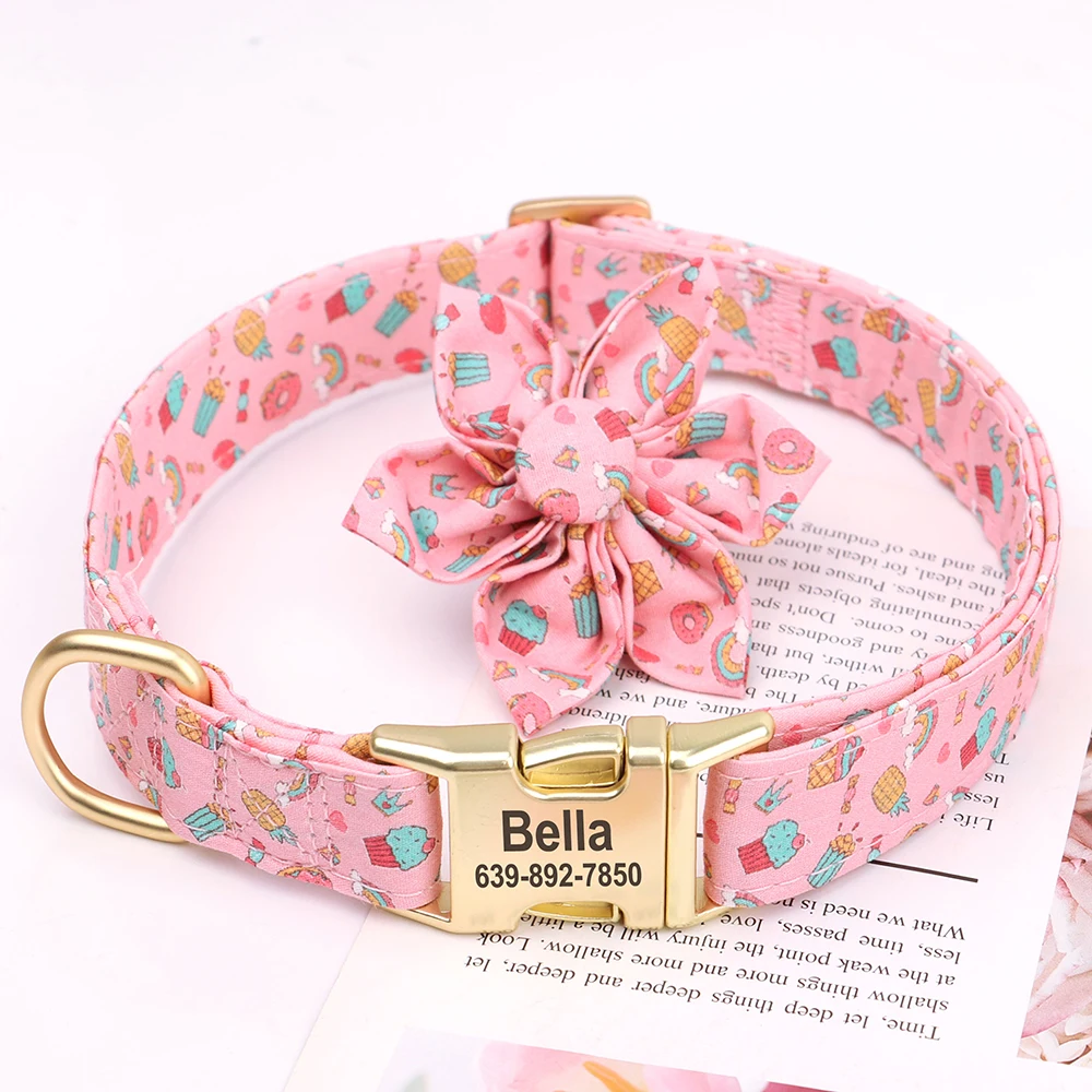 6 Colors Personalized Dog Collar Fashion Print Nylon Pet Collars With Flower Free Engraved Nameplate for Small Medium Large Dogs