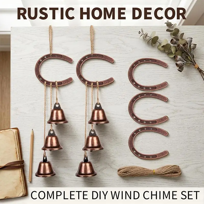 Vintage Horseshoe Wind Chime with 3 Bells Handmade Rustic Iron Horse Decor for Door Porch Wall Hanging