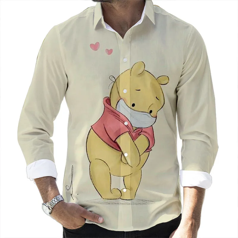 New Fall Disney Donald Duck and Winnie the Pooh Brand Cartoon Casual 3D Printed Long Sleeve Lapel Shirt Slim Fit Men\'s Top