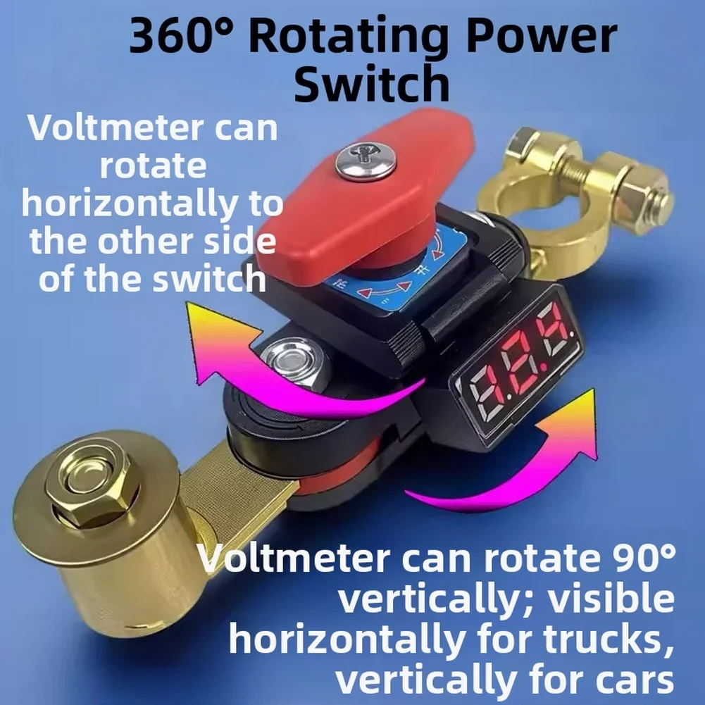 12V 24V DC Battery Disconnect Switch Featuring Digital Voltage Display and Compatibility with Standard Battery Terminals